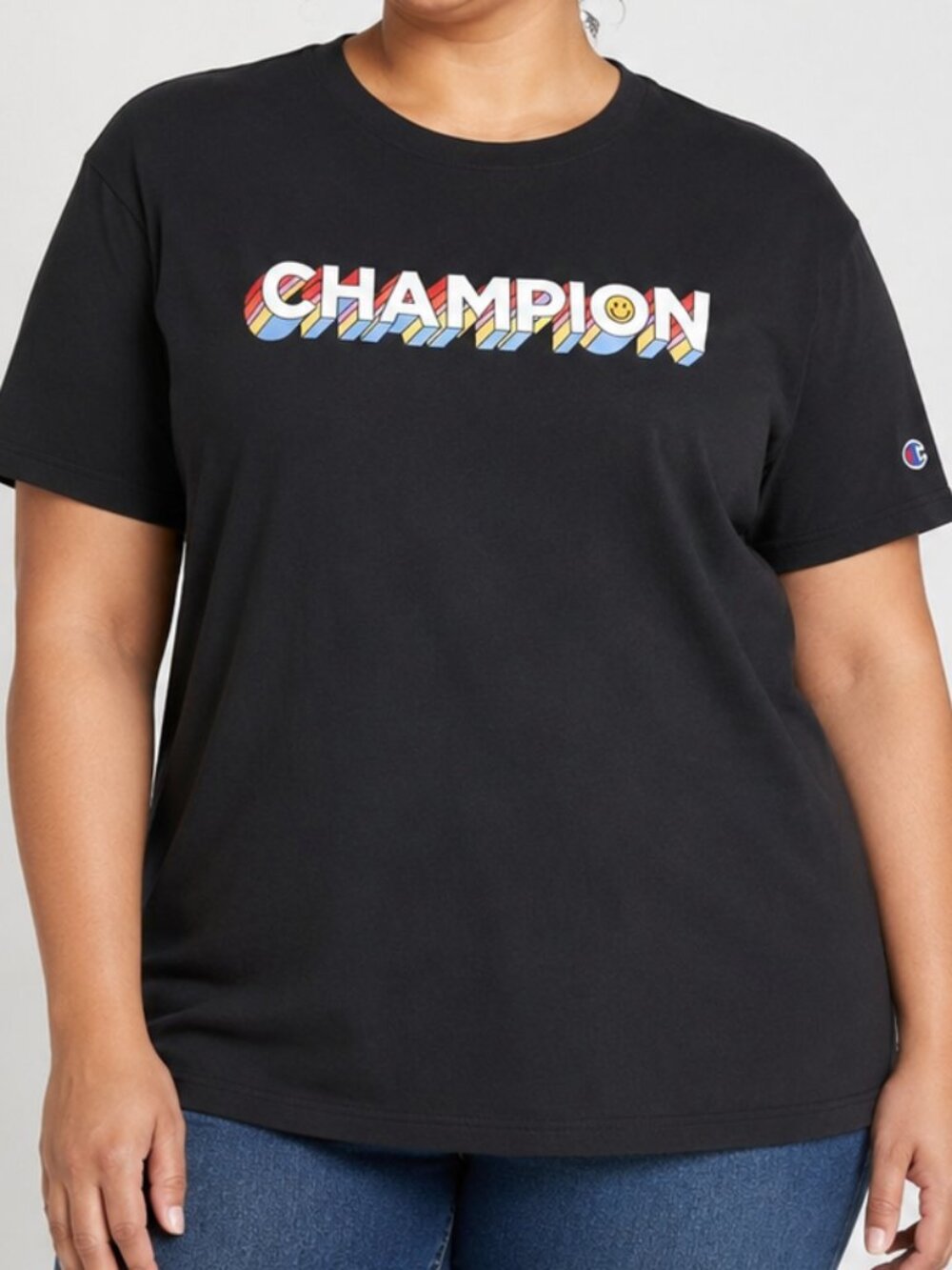 Champion Women's 2XL Black T-Shirt Retro Rainbow Graphic Logo NWT